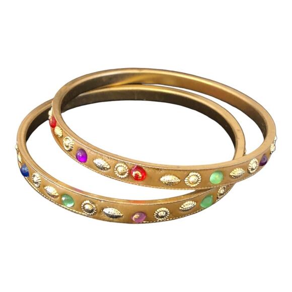 Two Multicolored Rhinestone Gold Stones Bangle Bracelets - Picture 1 of 16